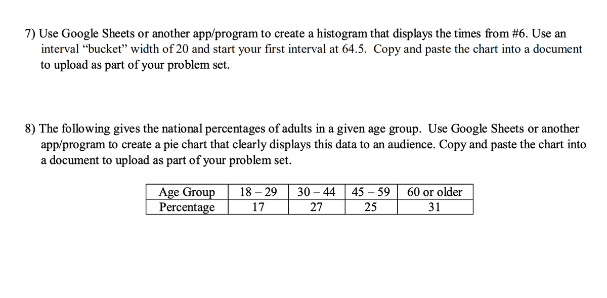 7) Use Google Sheets or another app/program to create a histogram that displays the times from #6. Use an
interval "bucket" width of 20 and start your first interval at 64.5. Copy and paste the chart into a document
to upload as part of your problem set.
8) The following gives the national percentages of adults in a given age group. Use Google Sheets or another
app/program to create a pie chart that clearly displays this data to an audience. Copy and paste the chart into
a document to upload as part of your problem set.
Age Group
Percentage
18 - 29
17
30 - 44 45 - 59 60 or older
27
25
31