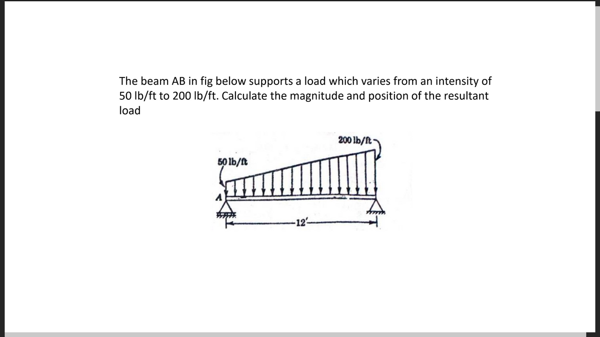 The beam AB in fig below supports a load which varies from an intensity of
50 Ib/ft to 200 Ib/ft. Calculate the magnitude and position of the resultant
load
200 lb/ft
50 lb/t
-12-
