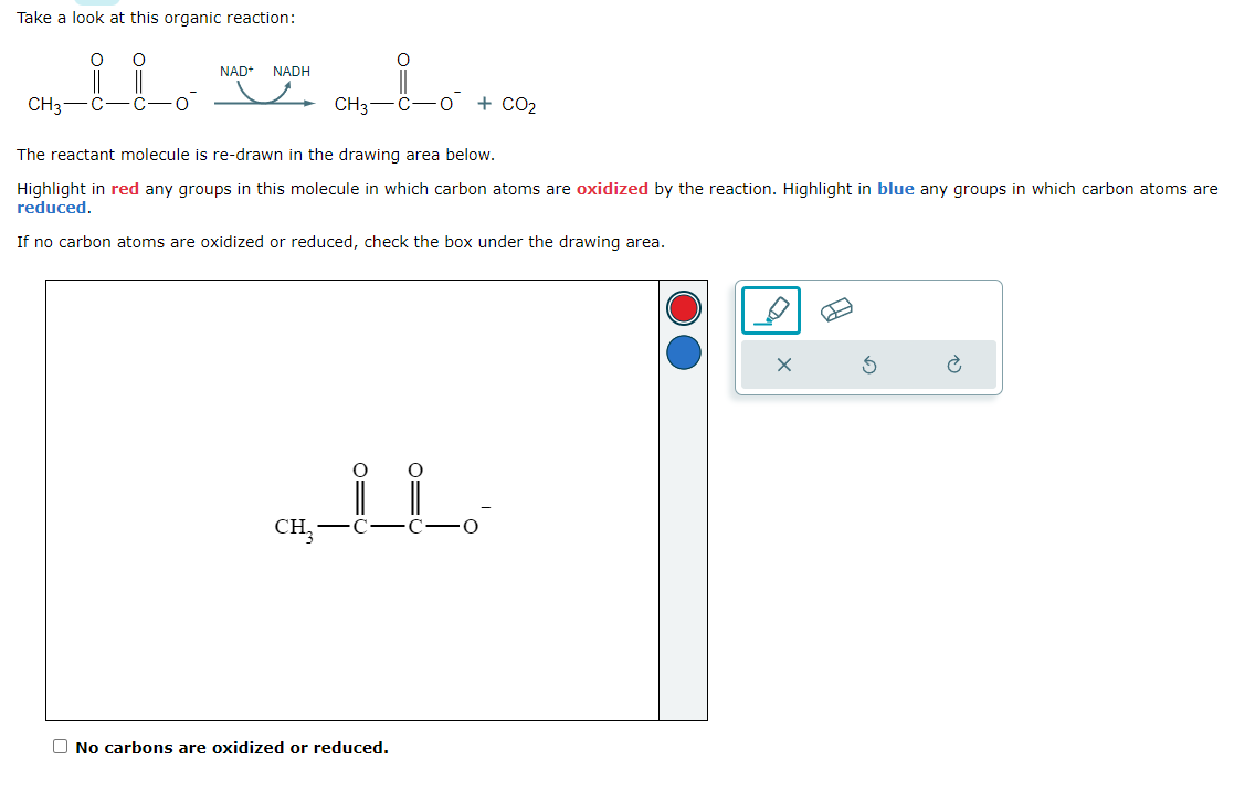 Take a look at this organic reaction:
CH3-
0=0
C
O
NAD+ NADH
CH₂_1-0
CH3—C−O + CO2
The reactant molecule is re-drawn in the drawing area below.
Highlight in red any groups in this molecule in which carbon atoms are oxidized by the reaction. Highlight in blue any groups in which carbon atoms are
reduced.
If no carbon atoms are oxidized or reduced, check the box under the drawing area.
_L_L-
C
CH₂ -
No carbons are oxidized or reduced.
Ć