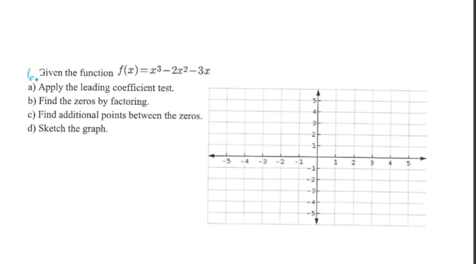 Given the function f(x)=x³-2x2-3x
a) Apply the leading coefficient test.
b) Find the zeros by factoring.
c) Find additional points between the zeros.
d) Sketch the graph.
-
-5
-4
-3
-2 -1
5k
4
31
2
14
T
-1
-2
-5+
1
4
5