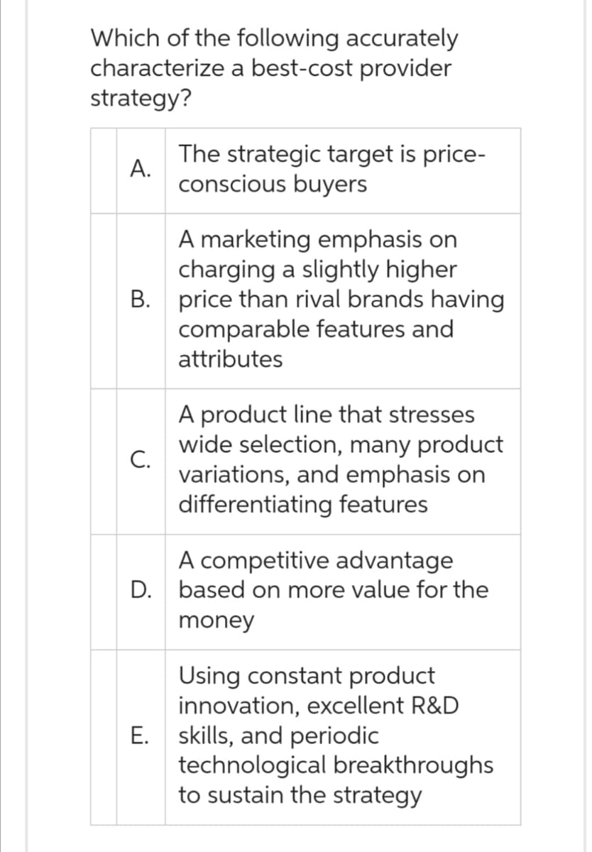 Which of the following accurately
characterize a best-cost provider
strategy?
A.
The strategic target is price-
conscious buyers
A marketing emphasis on
charging a slightly higher
B. price than rival brands having
comparable features and
attributes
C.
A product line that stresses
wide selection, many product
variations, and emphasis on
differentiating features
A competitive advantage
D. based on more value for the
money
Using constant product
innovation, excellent R&D
E. skills, and periodic
technological breakthroughs
to sustain the strategy