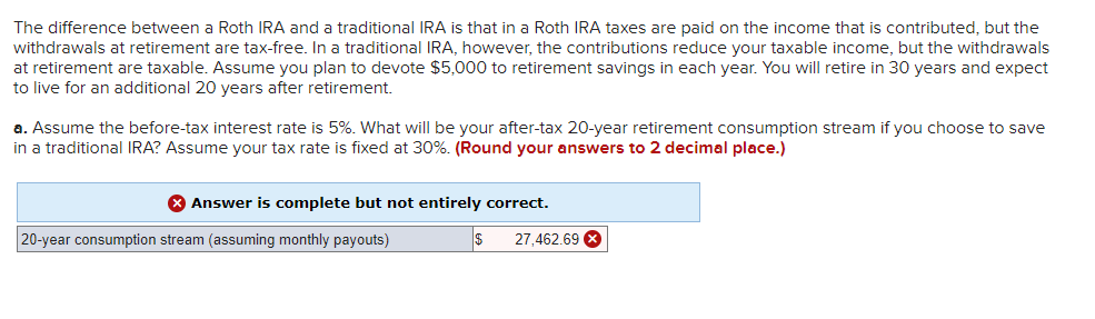 The difference between a Roth IRA and a traditional IRA is that in a Roth IRA taxes are paid on the income that is contributed, but the
withdrawals at retirement are tax-free. In a traditional IRA, however, the contributions reduce your taxable income, but the withdrawals
at retirement are taxable. Assume you plan to devote $5,000 to retirement savings in each year. You will retire in 30 years and expect
to live for an additional 20 years after retirement.
a. Assume the before-tax interest rate is 5%. What will be your after-tax 20-year retirement consumption stream if you choose to save
in a traditional IRA? Assume your tax rate is fixed at 30%. (Round your answers to 2 decimal place.)
> Answer is complete but not entirely correct.
20-year consumption stream (assuming monthly payouts)
$
27,462.69