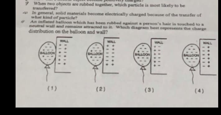 9 When two objects are rubbed together, which particle is most likely to be
transferred?
1o In general, solid materials become electrically charged because of the transfer of
what kind of particle?
An inflated balloon which has been rubbed against a person's hair is touched to a
neutral wall and remains attracted to it. Which diagram best represents the charge
distribution on the balloon and wall?
WALL
WALL
WALL
WALL
BALLOON
BALLOON
BALLOON
BALLOON
(1)
(2)
(3)
( 4)
