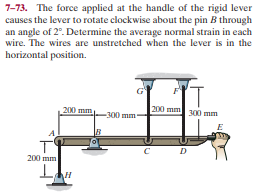 7-73. The force applied at the handle of the rigid lever
causes the lever to rotate clockwise about the pin B through
an angle of 2°. Determine the average normal strain in each
wire. The wires are unstretched when the lever is in the
horizontal position.
200 mm
-300 mm
200 mm 300 mm
200 mm
