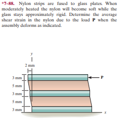 *7-88. Nylon strips are fused to glass plates. When
moderately heated the nylon will become soft while the
glass stays approximately rigid. Determine the average
shear strain in the nylon due to the load P when the
assembly deforms as indicated.
2 mm
3 mm
5 mm
3 mm
5 mm
3 mm
