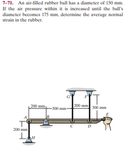 7-71. An air-filled rubber ball has a diameter of 150 mm.
If the air pressure within it is increased until the ball's
diameter becomes 175 mm, determine the average normal
strain in the rubber.
200 mm
200 mm 300 mm
-300 mm-
200 mm
н
