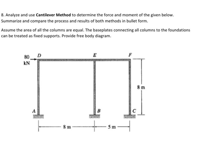 8. Analyze and use Cantilever Method to determine the force and moment of the given below.
Summarize and compare the process and results of both methods in bullet form.
Assume the area of all the columns are equal. The baseplates connecting all columns to the foundations
can be treated as fixed supports. Provide free body diagram.
80
KN
A
8 m
E
B
5m
8 m