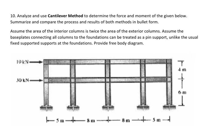 10. Analyze and use Cantilever Method to determine the force and moment of the given below.
Summarize and compare the process and results of both methods in bullet form.
Assume the area of the interior columns is twice the area of the exterior columns. Assume the
baseplates connecting all columns to the foundations can be treated as a pin support, unlike the usual
fixed supported supports at the foundations. Provide free body diagram.
10kN
30 kN-
HH
5m-8m
8 m
▬▬▬▬▬5 m
T
4m
6m