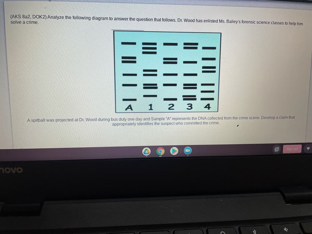 (AKS 8a2, DOK2) Analyze the following diagram to answer the question that follows. Dr. Wood has enlisted Ms. Baliey's forensic science classes to help him
solve a crime.
A 1 2 3 4
A spitball was projected at Dr. Wood during bus duty one day and Sample "A" represents the DNA collected from the crime scene. Develop a claim that
appropriately identifies the suspect who committed the crime.
Sign out
novo
III | ||
I || || |-
