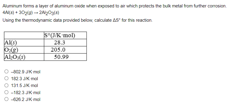 Aluminum forms a layer of aluminum oxide when exposed to air which protects the bulk metal from further corrosion.
4Al(s) + 302(g) → 2Al2O3(s)
Using the thermodynamic data provided below, calculate AS° for this reaction.
S°(J/K mol)
Al(s)
28.3
205.0
O₂(g)
Al₂O3(s)
-802.9 J/K-mol
182.3 J/K mol
131.5 J/K-mol
-182.3 J/K-mol
-626.2 J/K-mol
50.99