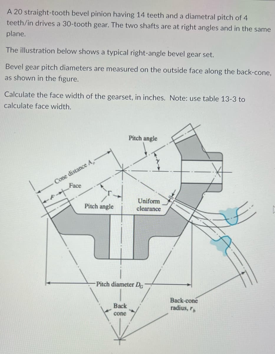 A 20 straight-tooth bevel pinion having 14 teeth and a diametral pitch of 4
teeth/in drives a 30-tooth gear. The two shafts are at right angles and in the same
plane.
The illustration below shows a typical right-angle bevel gear set.
Bevel gear pitch diameters are measured on the outside face along the back-cone,
as shown in the figure.
Calculate the face width of the gearset, in inches. Note: use table 13-3 to
calculate face width.
Cone distance A
Face
Pitch angle
Pitch angle
Back
cone
Uniform
clearance
Pitch diameter Da
Back-cone
radius, b