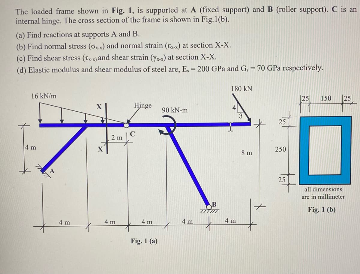 The loaded frame shown in Fig. 1, is supported at A (fixed support) and B (roller support). C is an
internal hinge. The cross section of the frame is shown in Fig.1(b).
(a) Find reactions at supports A and B.
(b) Find normal stress (ox-x) and normal strain (ɛx-x) at section X-X.
(c) Find shear stress (Tx-x) and shear strain (yxx) at section X-X.
(d) Elastic modulus and shear modulus of steel are, Es = 200 GPa and Gs = 70 GPa respectively.
180 kN
16 kN/m
25
150
25
Hinge
90 kN-m
3
25
2 m
4 m
250
8 m
25
all dimensions
are in millimeter
B
Fig. 1 (b)
4 m
4 m
4 m
4 m
4 m
Fig. 1 (a)
