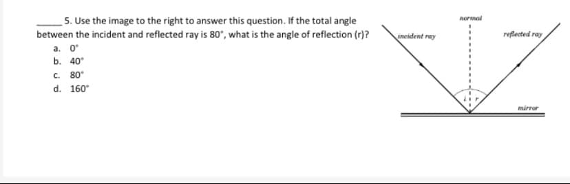 5. Use the image to the right to answer this question. If the total angle
normal
between the incident and reflected ray is 80", what is the angle of reflection (r)?
incident ray
reflected ray
a. 0*
b. 40°
c. 80°
d. 160°
mirror
