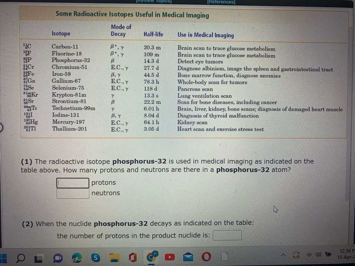 Review 1opics)
[References]
Some Radioactive Isotopes Useful in Medical Imaging
Mode of
Decay
Isotope
Half-life
Use in Medical Imaging
B+, Y
B*, Y
Carbon-11
Fluorine-18
Phosphorus-32
Chromium-51
Iron-59
Gallium-67
Selenium-75
20.3 m
Brain scan to trace glucose metabolism
Brain scan to trace glucose metabolism
Detect eye tumors
Diagnose albinism, image the spleen and gastrointestinal tract
Bone marrow function, diagnose anemias
Whole-body scan for tumors
Panereas scan
Lung ventilation scan
Scan for bone diseases, including cancer
Brain, liver, kidney, bone scans; diagnosis of damaged heart muscle
Diagnosis of thyroid malfunction
Kidney scan
Heart scan and exercise stress test
F
109 m
14.3 d
Cr
Fe
Ga
Se
8Kr
Sr
Te
1811
E.C., y
B, Y
E.C., y
E.C., y
27.7 d
44.5 d
78.3 h
118 d
Krypton-81m
Strontium-81
Technetium-99m
Iodine-131
13.3 s
22.2 m
6.01 h
B, Y
8.04 d
64.1 h
Mercury-197
Thallium-201
E.C., y
E.C., y
3.05 d
(1) The radioactive isotope phosphorus-32 is used in medical imaging as indicated on the
table above. How many protons and neutrons are there in a phosphorus-32 atom?
protons
neutrons
(2) When the nuclide phosphorus-32 decays as indicated on the table:
the number of protons in the product nuclide is:
12:34 P
15-Apr-2
