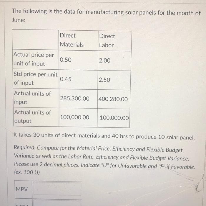 The following is the data for manufacturing solar panels for the month of
June:
Direct
Direct
Materials
Labor
Actual price per
0.50
unit of input
2.00
Std price per unit
of input
0.45
2.50
Actual units of
285,300.00
400,280.00
input
Actual units of
100,000.00
100,000.00
output
it takes 30 units of direct materials and 40 hrs to produce 10 solar panel.
Required: Compute for the Material Price, Efficiency and Flexible Budget
Variance as well as the Labor Rate, Efficiency and Flexible Budget Variance.
Please use 2 decimal.places. Indicate "U" for Unfavorable and "F" if Favorable.
(ex. 100 U)
MPV
