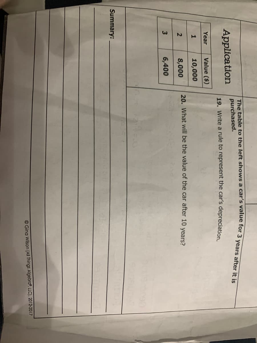 purchased.
Application
19. Write a rule to represent the car's depreciation.
Year
Value ($)
10,000
20. What will be the value of the car after 10 years?
8,000
6,400
Summary:
© Gina Wilson (All Things Algebra®, LLC), 2012-2017
