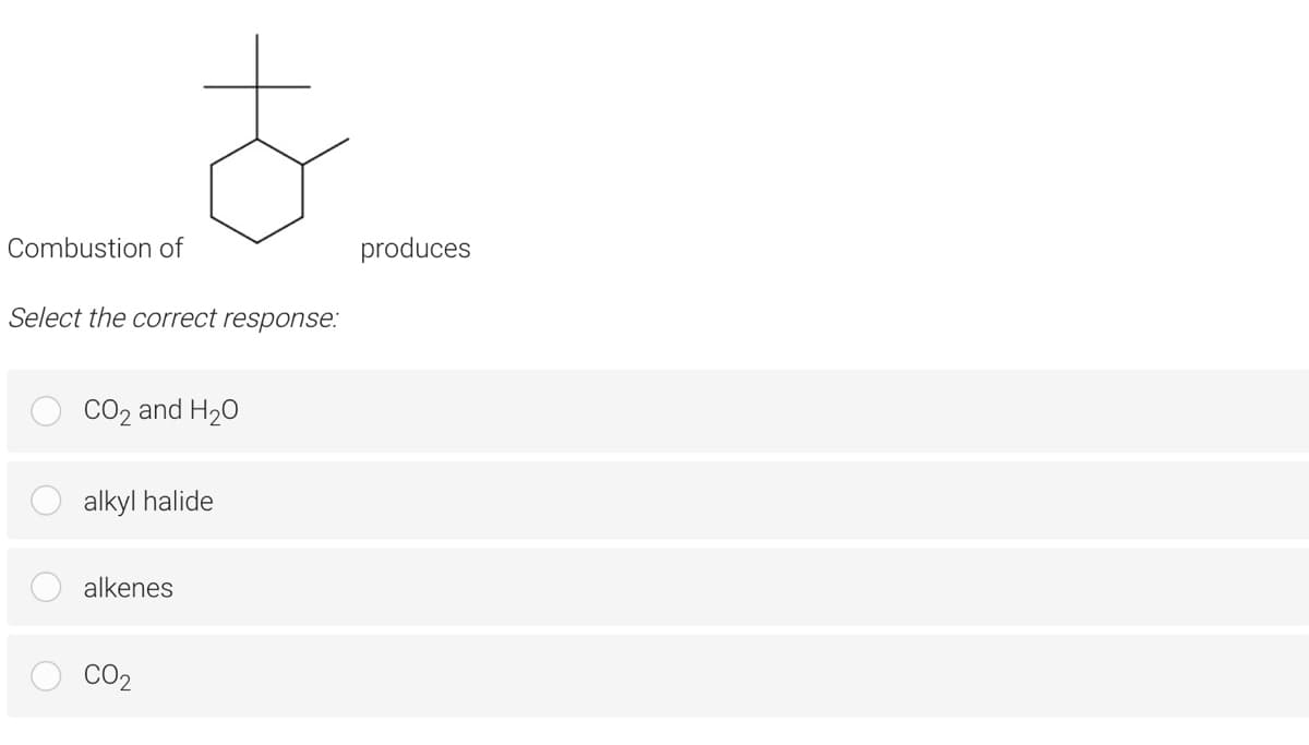 Combustion of
produces
Select the correct response:
CO2 and H20
alkyl halide
alkenes
CO2
