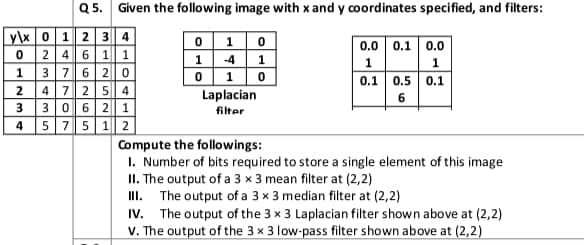 yx 01234
024611
1 37620
2 47254
3 3 0 6 21
5 7 5
1 2
AWNTOW
Q5. Given the following image with x and y coordinates specified, and filters:
4
0
10
1
4 1
0 10
Laplacian
filter
0.0 0.1 0.0
1
1
0.1
0.5 0.1
6
Compute the followings:
1. Number of bits required to store a single element of this image.
II. The output of a 3 x 3 mean filter at (2,2)
III. The output of a 3 x 3 median filter at (2,2)
IV. The output of the 3 x 3 Laplacian filter shown above at (2,2)
V. The output of the 3 x 3 low-pass filter shown above at (2,2)