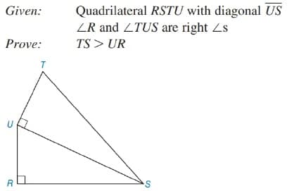 Quadrilateral RSTU with diagonal US
ZR and ZTUS are right Zs
TS > UR
Given:
Prove:
U
