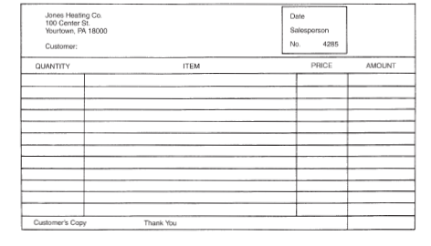 Date
Jones Heating Co
100 Center St.
Yourtown, PA 18000
Salesporson
No.
Customer:
4285
QUANTITY
ITEM
PRICE
AMOUNT
Customer's Copy
Thank You
