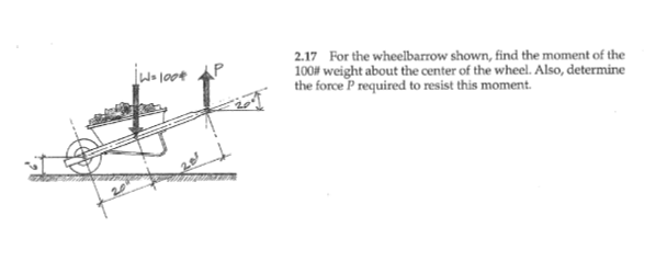 ### Problem 2.17: Moment Calculation for a Wheelbarrow

**Problem Statement:**
For the wheelbarrow shown, find the moment of the 100-pound (100#) weight about the center of the wheel. Also, determine the force \( P \) required to resist this moment.

**Diagram Explanation:**

The given image illustrates a side view of a wheelbarrow loaded with a weight of 100 pounds. Key details from the diagram include:

- The wheelbarrow has two handles extending from the wheel axis.
- The weight (100#) is positioned vertically above a specific point on the wheelbarrow.
- The distance from the wheel (pivot point) to the point where the weight is applied is shown as 20 inches horizontally.
- There are two segments indicating other distances on the handles:
  - 20 inches from the center of the wheel to the load application point.
  - Additional 20 inches to the end of the wheelbarrow handles where force \( P \) is applied.

**Steps to Solve:**
1. **Calculate the Moment due to the Weight:**
   - The moment \( M \) around the wheel’s center caused by the 100# weight can be calculated using the formula:
     \[
     M = \text{Force} \times \text{Distance}
     \]
     Here:
     \[
     M = 100 \text{ pounds} \times 20 \text{ inches}
     \]
     This gives:
     \[
     M = 2000 \text{ pound-inches}
     \]

2. **Determine the Force \( P \) to Resist the Moment:**
   - The resisting force \( P \) creates a counter-clockwise moment about the wheel’s center. 
   - The distance from the pivot point to where \( P \) acts is 40 inches (20 inches + 20 inches).

     Using the moment equilibrium condition:
     \[
     P \times 40 \text{ inches} = 2000 \text{ pound-inches}
     \]

     Solving for \( P \):
     \[
     P = \frac{2000 \text{ pound-inches}}{40 \text{ inches}} = 50 \text{ pounds}
     \]

**Conclusion:**
- The moment of the 100# weight about the center of the wheel is 2000 pound-inches.
- The force \(