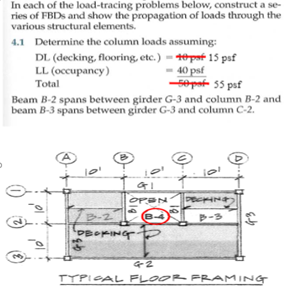 ### Load-Tracing Problem: Column Load Determination

#### Problem Statement:
In this load-tracing problem, we are given a floor framing plan and asked to determine the column loads for a specific structural element. The steps involve constructing a series of Free Body Diagrams (FBDs) and showing the propagation of loads through the various structural elements. This process ensures that we accurately reflect the load distribution within the structural framework.

#### Given Data:
- **DL (Dead Load):** Decking, flooring, etc., are given as \( 15 \, \text{psf} \). This value has been revised from an initial value of \( 40 \, \text{psf} \).
- **LL (Live Load):** Occupancy load is given as \( 40 \, \text{psf} \).
- **Total Load:** The sum of DL and LL is \( 55 \, \text{psf} \) (revised from \( 80 \, \text{psf} \)).

#### Framing Plan:
The framing plan shows:
- **Girders (G1, G2, G3):**
   - Girder G1 spans from columns B-1 to B-4.
   - Girder G2 spans from columns A-1 to D-1.
   - Girder G3 spans from columns A-4 to D-4.
   - The girders are placed 10 feet apart from each other.
- **Beams (B-2, B-3):**
   - Beam B-2 spans between girder G-3 and column B-2.
   - Beam B-3 spans between girder G-3 and column C-2.

The load propagation will be traced through these beams and girders to determine the resultant column loads.

##### Floor Framing Diagram:
Below is the typical floor framing diagram. It illustrates the arrangement of beams and girders within a grid defined by columns marked as A-1, A-2, A-3, A-4, B-1, B-2, B-3, B-4, C-1, C-2, C-3, C-4, D-1, D-2, D-3, and D-4.

(Refer to actual image for the detailed diagram)

The highlighted point B-4 shows one of the critical junctures between Beam B-