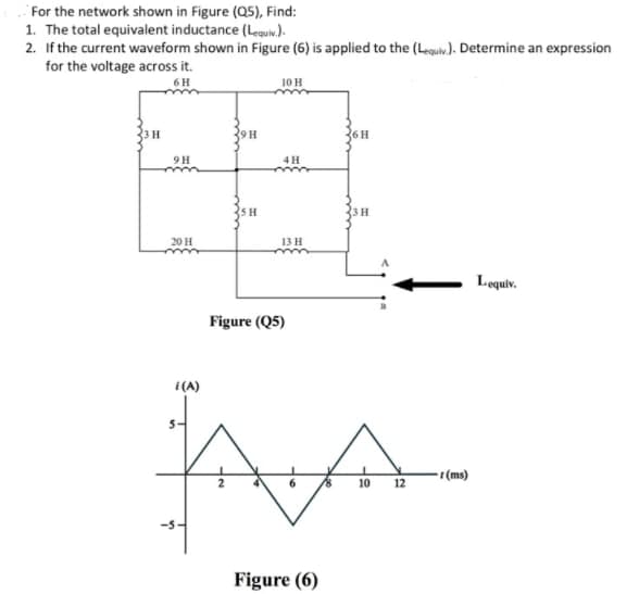 For the network shown in Figure (Q5), Find:
1. The total equivalent inductance (Lequiv.).
2. If the current waveform shown in Figure (6) is applied to the (Leguiv). Determine an expression
for the voltage across it.
6H
10 H
9H
4H
SH
3 H
20 H
13H
Lequiv.
Figure (Q5)
i (A)
- (ms)
10
12
-5-
Figure (6)
