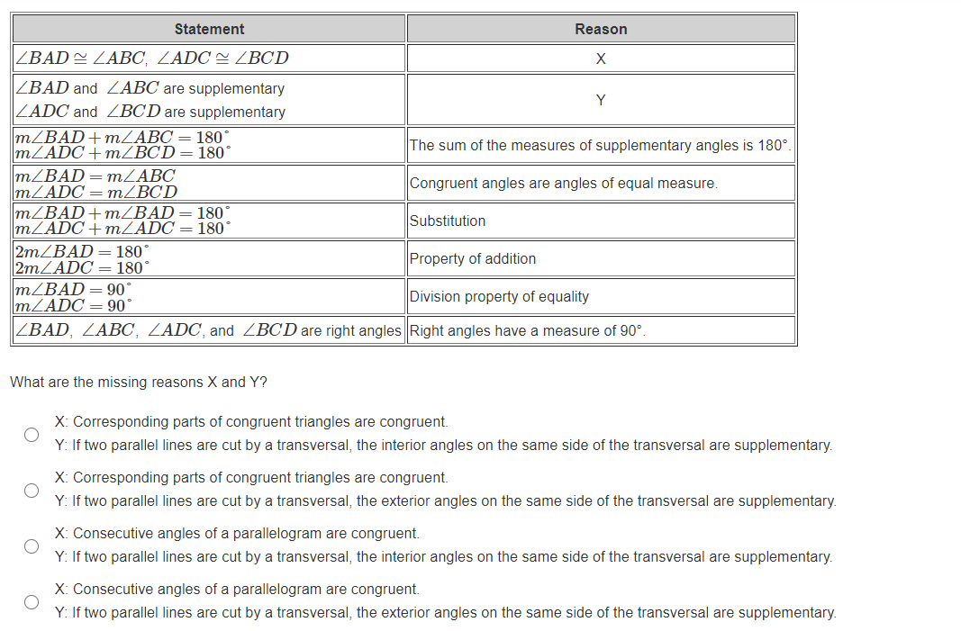 Statement
Reason
ZBAD = ZABC, ZADC = ZBCD
ZBAD and ZABC are supplementary
Y
|ZADC and BCD are supplementary
m/BAD+mZABC = 180°
MZADC + MZBCD= 180°
The sum of the measures of supplementary angles is 180°.
MZBAD= MZABC
MZADC = m/BCD
m/BAD+m/BAD= 180
MLADC+MZADC = 180°
2m/BAD= 180°
2MLADC = 180°
m/BAD= 90°
MZADC =90°
ZBAD, ZABC, ZADC, and ZBCD are right angles Right angles have a measure of 90°
Congruent angles are angles of equal measure.
Substitution
Property of addition
Division property of equality
What are the missing reasons X and Y?
X: Corresponding parts of congruent triangles are congruent.
Y: If two parallel lines are cut by a transversal, the interior angles on the same side of the transversal are supplementary.
X: Corresponding parts of congruent triangles are congruent.
Y: If two parallel lines are cut by a transversal, the exterior angles on the same side of the transversal are supplementary.
X: Consecutive angles of a parallelogram are congruent.
Y: If two parallel lines are cut by a transversal, the interior angles on the same side of the transversal are supplementary.
X: Consecutive angles of a parallelogram are congruent.
Y: If two parallel lines are cut by a transversal, the exterior angles on the same side of the transversal are supplementary.
