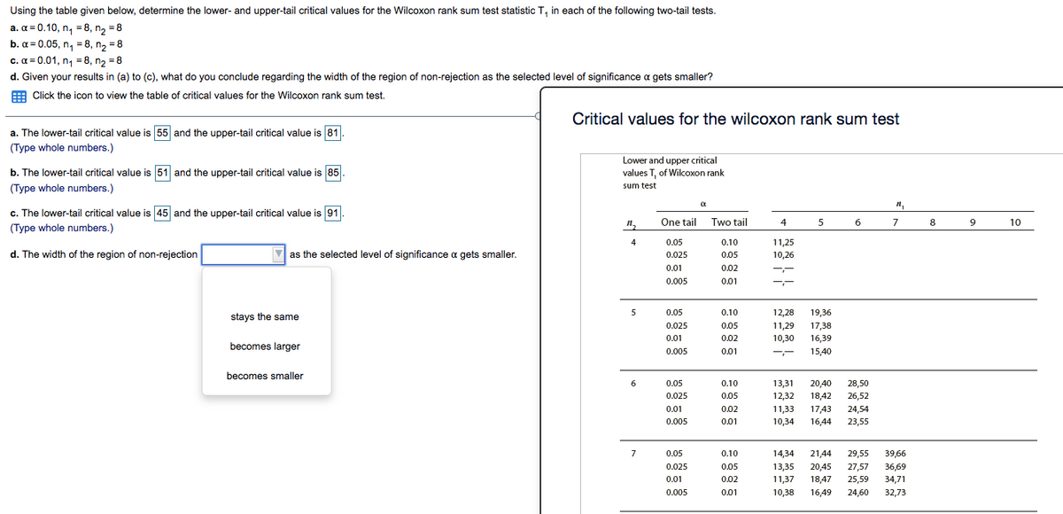 Using the table given below, determine the lower- and upper-tail critical values for the Wilcoxon rank sum test statistic T, in each of the following two-tail tests.
a. a = 0.10, n, = 8, n2 = 8
b. a = 0.05, n, = 8, n2 = 8
c. a = 0.01, n, = 8, n2 = 8
d. Given your results in (a) to (c), what do you conclude regarding the width of the region of non-rejection as the selected level of significance a gets smaller?
E Click the icon to view the table of critical values for the Wilcoxon rank sum test.
Critical values for the wilcoxon rank sum test
a. The lower-tail critical value is 55 and the upper-tail critical value is 81.
(Type whole numbers.)
Lower and upper critical
b. The lower-tail critical value is 51 and the upper-tail critical value is 85
values T, of Wilcoxon rank
(Type whole numbers.)
sum test
c. The lower-tail critical value is 45 and the upper-tail critical value is 91
One tail Two tail
4
8
9
10
(Type whole numbers.)
0.05
0.10
11,25
d. The width of the region of non-rejection
V as the selected level of significance a gets smaller.
0.025
0.05
10,26
0.01
0.02
0.005
0.01
0.05
0.10
12,28
19,36
stays the same
0.025
0.05
11,29
17,38
0.01
0.02
10,30
16,39
becomes larger
0.005
0.01
15,40
becomes smaller
13,31
12,32
20,40
18,42
6
0.05
0.10
28,50
26,52
24,54
23,55
0.025
0.05
17,43
16,44
0.01
0.02
11,33
0.005
0.01
10,34
7
0.05
0.10
14,34
21,44
29,55
39,66
0.025
0.05
13,35
20,45
27,57
36,69
0.01
0.02
11,37
18,47
25,59
34,71
0.005
0.01
10,38
16,49
24,60
32,73
