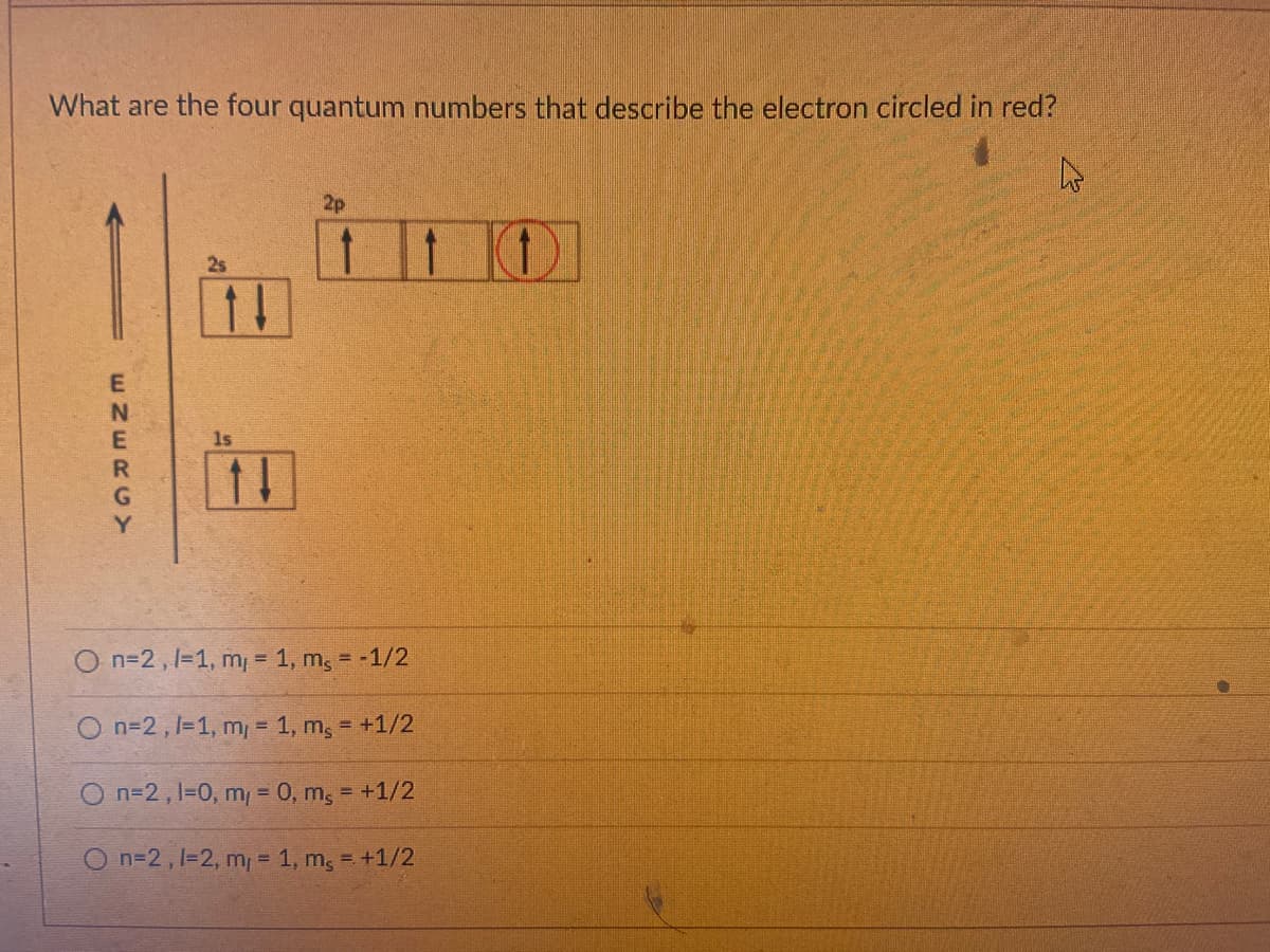 What are the four quantum numbers that describe the electron circled in red?
2p
KD
1s
O n=2, 1=1, m, = 1, m, = -1/2
O n=2, 1=1, m = 1, m, = +1/2
O n=2,1=0, m = 0, m, = +1/2
O n=2,1=2, m, = 1, m, = +1/2
ENERGY
