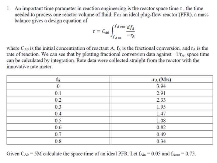 1. An important time parameter in reaction engineering is the reactor space time t, the time
needed to process one reactor volume of fluid. For an ideal plug-flow reactor (PFR), a mass
balance gives a design equation of
JAout dfa
= Cao
Ain A
where CAO is the initial concentration of reactant A, fa is the fractional conversion, and rA is the
rate of reaction. We can see that by plotting fractional conversion data against-1/A, space time
can be calculated by integration. Rate data were collected straight from the reactor with the
innovative rate meter.
fA
-IA (M/S)
3.94
0
0.1
2.91
0.2
2.33
0.3
1.95
0.4
1.47
0.5
1.08
0.6
0.82
0.7
0.49
0.8
0.34
Given CAO = 5M calculate the space time of an ideal PFR. Let fAin 0.05 and fout = 0.75.