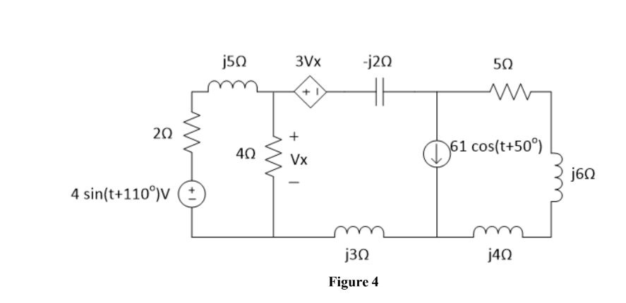 202
4 sin(t+110°v
j5Ω
4Ω
3Vx
+1
+
Vx
-j20
j3Ω
Figure 4
50
Μ
(61 cos(t+50°)
j4Ω
j6Ω