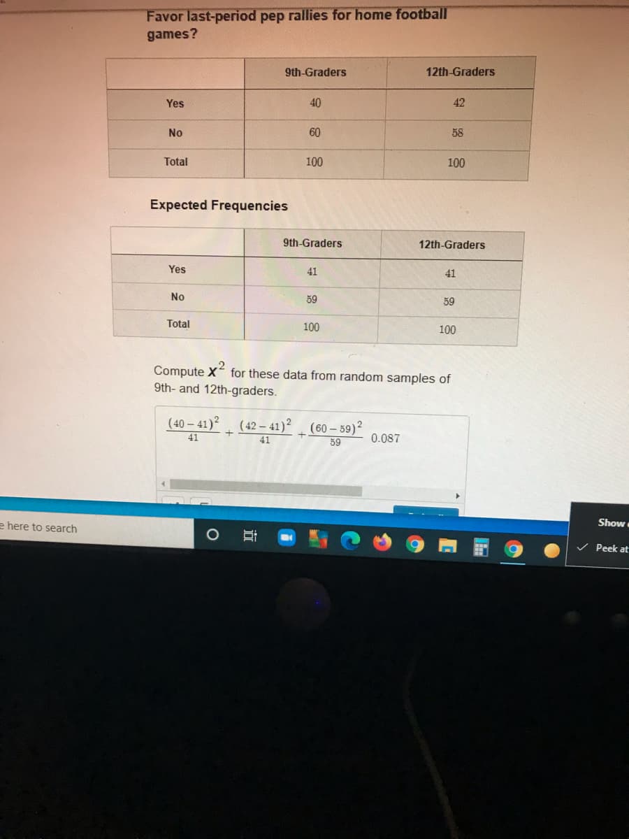 Favor last-period pep rallies for home football
games?
9th-Graders
12th-Graders
Yes
40
42
No
60
58
Total
100
100
Expected Frequencies
9th-Graders
12th-Graders
Yes
41
41
No
59
59
Total
100
100
Compute X for these data from random samples of
9th- and 12th-graders.
(40-41) (42– 41)?
(60 – 59)2
41
41
0.087
59
e here to search
Show
/ Peek at
