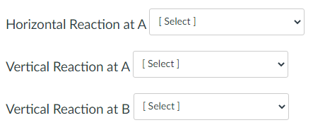 Horizontal Reaction at A [Select ]
Vertical Reaction at A [Select]
Vertical Reaction at B [Select]
>
