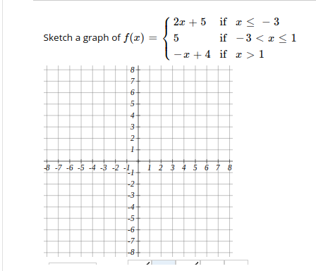 2x + 5 if a < - 3
Sketch a graph of f(x) =
5
if -3 < a < 1
- x + 4 if r >1
8-
5-
4
8 -7 -6 -5 -4 -3 -2 -1
i 2 3 4 5 6 7 8
-2-
-3-
-4-
-5
-6
-7
-8+81
