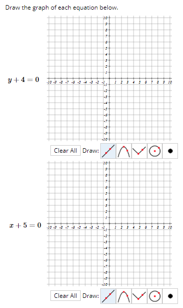 Draw the graph of each equation below.
10
y +4 = 0
10 -9 -5 -7 -5 -5 -4 -3 -2
* 10
-2
-4
-6
-7
-10
Clear All Draw: AVO
10
I+5 = 0 o -53 43
-2
-4
-6
-7
-10
Clear All Draw:
