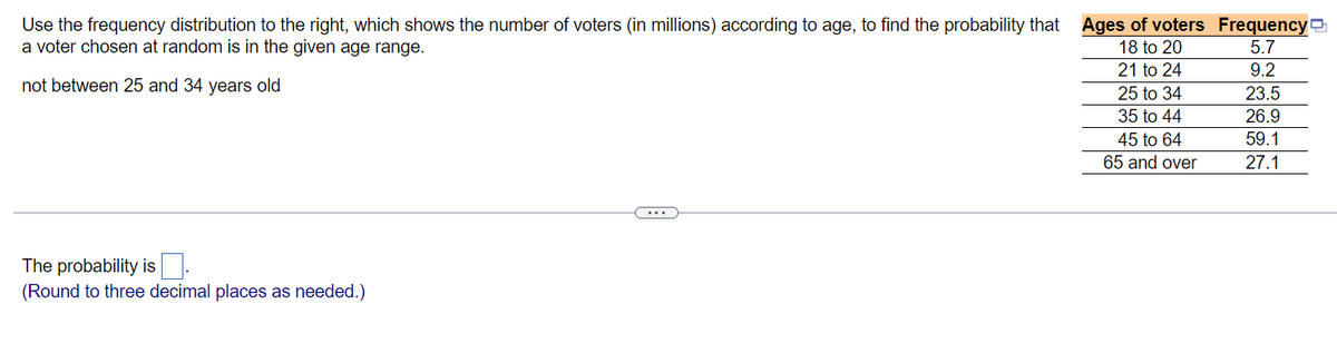 Use the frequency distribution to the right, which shows the number of voters (in millions) according to age, to find the probability that Ages of voters
a voter chosen at random is in the given age range.
18 to 20
21 to 24
not between 25 and 34 years old
25 to 34
35 to 44
45 to 64
65 and over
The probability is
(Round to three decimal places as needed.)
Frequency
5.7
9.2
23.5
26.9
59.1
27.1