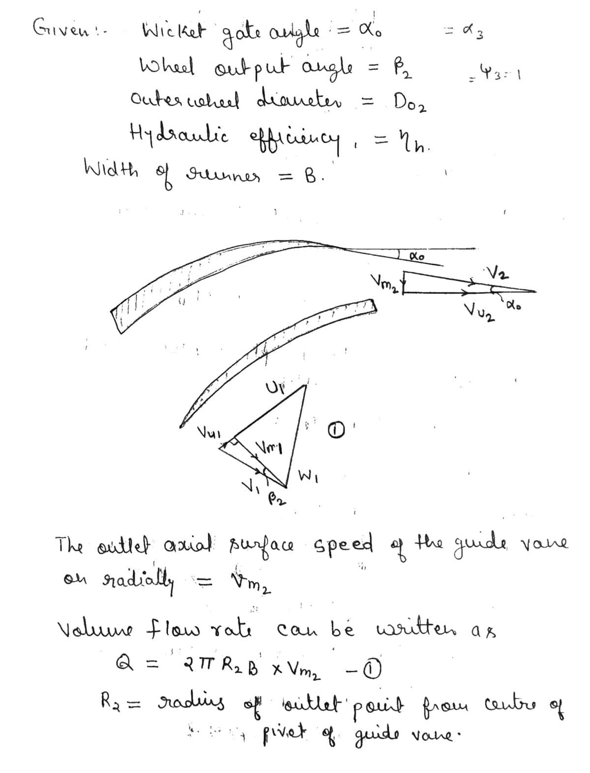 Given:-
Wicket gate aulgle = do
wheel out put angle = P
Outes coheel dianeter
= d3
-43: 1
2
= Doz
ニ
Hydraulic efficiucy: = ?n.
Width
suunner
B.
%3D
V2
Vuz
Ur
Vui
The outler axial purface speed
of
the quide vane
radially
on
!!
Volume flaw rate can bé written as
マT R2B x Vm。
Rz = rading o aitlet 'pouit from centro
pivet * guido vane
of
