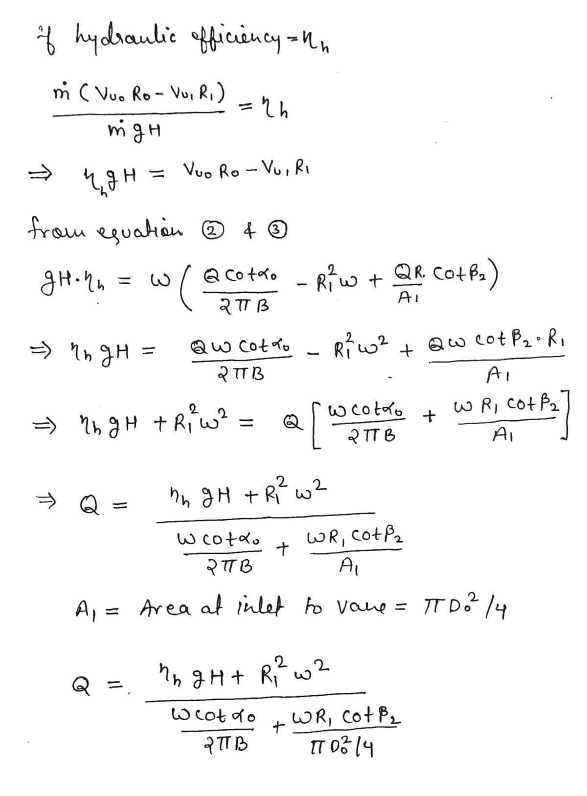 * hydraulie fficincy -Mn
m ( Vuo Ro- Vu, Ri)
migH
Vuo Ro - Vu, R,
= H
from eguation ® 4 O
a co tato - Riw + QR CotPs)
w+ QR Cotf2)
RCotdo
%3D
AI
२ 3
Qw Cotdo
२ B
Ri w? +
Qw cot P2•R,
> nn gH
%3D
Ai
W R, CotP
=> ?h gH +Riw² = Q
w cotro
2 TT B
%3D
Al
hn gH + Rí w?
WR, CotP2
Ai
w cotd.
RTTB
A,
Area at inlet to vane = IT D 14
2
2.
nn gHt Ri
%3D
WR, CO+P2
IT 03 14
wcot do
२ B
