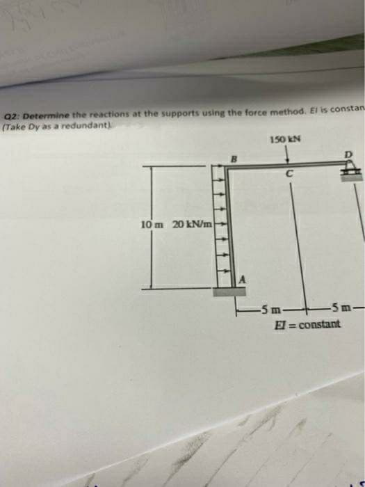 Q2: Determine the reactions at the supports using the force method. El is constan
(Take Dy as a redundant)
150 kN
10 m 20 kN/m
-5 m-
-5m-
El
= constant
