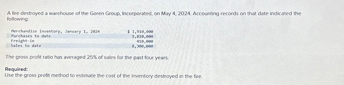 A fire destroyed a warehouse of the Goren Group, Incorporated, on May 4, 2024. Accounting records on that date indicated the
following:
Merchandise inventory, January 1, 2024
Purchases to date
Freight-in
Sales to date
$ 1,910,000
5,810,000
410,000
8,300,000
The gross profit ratio has averaged 25% of sales for the past four years.
Required:
Use the gross profit method to estimate the cost of the inventory destroyed in the fire.