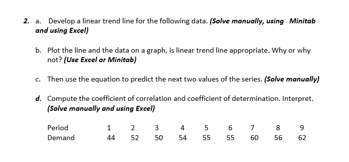 2. a. Develop a linear trend line for the following data. (Solve manually, using Minitab
and using Excel)
b. Plot the line and the data on a graph, is linear trend line appropriate. Why or why
not? (Use Excel or Minitab)
c. Then use the equation to predict the next two values of the series. (Solve manually)
d. Compute the coefficient of correlation and coefficient of determination. Interpret.
(Solve manually and using Excel)
Period
1
2
4
6 7 8
9
Demand
44
52
50
54
55
55
60
56
62
3.

