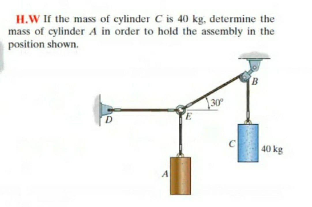 H.W If the mass of cylinder C is 40 kg, determine the
mass of cylinder A in order to hold the assembly in the
position shown.
|30°
D
C
40 kg
A
