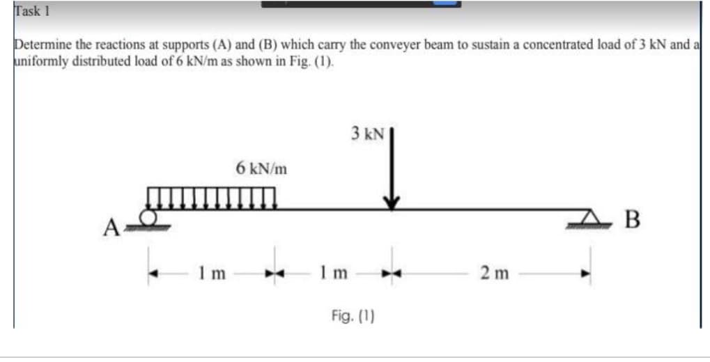 Task 1
Determine the reactions at supports (A) and (B) which carry the conveyer beam to sustain a concentrated load of 3 kN and a
uniformly distributed load of 6 kN/m as shown in Fig. (1).
1m
6 kN/m
1 m
3 kN
Fig. (1)
2m
B