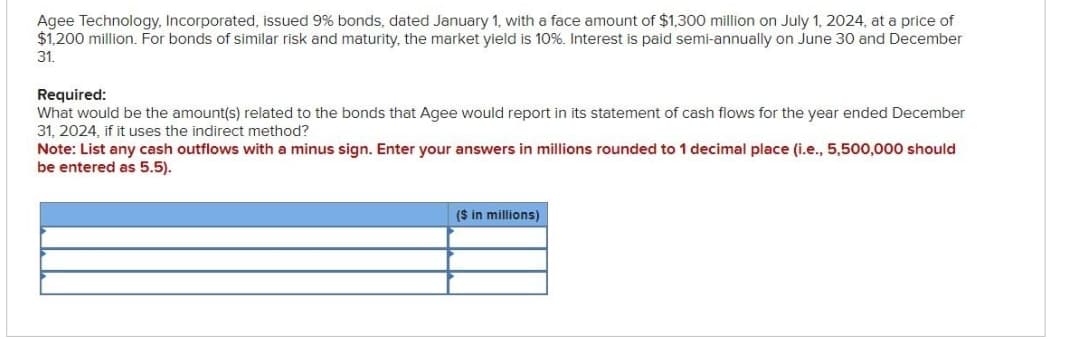 Agee Technology, Incorporated, issued 9% bonds, dated January 1, with a face amount of $1,300 million on July 1, 2024, at a price of
$1,200 million. For bonds of similar risk and maturity, the market yield is 10%. Interest is paid semi-annually on June 30 and December
31.
Required:
What would be the amount(s) related to the bonds that Agee would report in its statement of cash flows for the year ended December
31, 2024, if it uses the indirect method?
Note: List any cash outflows with a minus sign. Enter your answers in millions rounded to 1 decimal place (i.e., 5,500,000 should
be entered as 5.5).
($ in millions)