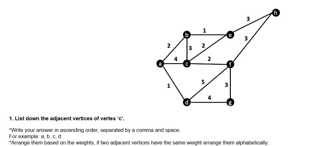 2
4
3
2
5
2
4
3
3
3
1. List down the adjacent vertices of vertex 'c'.
*Write your answer in ascending order, separated by a comma and space.
For example: a, b, c, d
*Arrange them based on the weights, if two adjacent vertices have the same weight arrange them alphabetically.