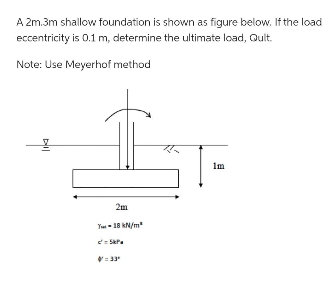 A 2m.3m shallow foundation is shown as figure below. If the load
eccentricity is 0.1 m, determine the ultimate load, Qult.
Note: Use Meyerhof method
1m
2m
Ysat = 18 kN/m³
c'² = 5kPa
'=33°
All