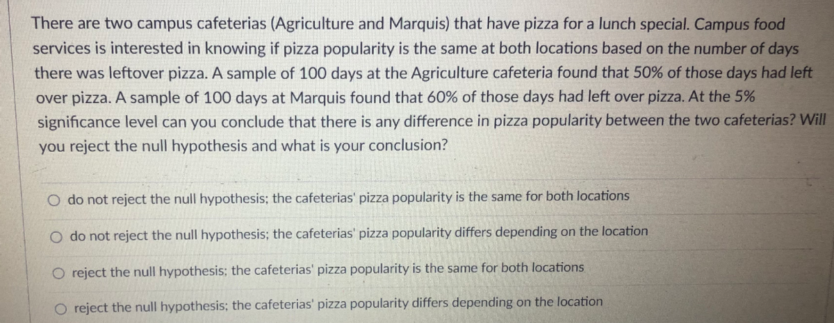 There are two campus cafeterias (Agriculture and Marquis) that have pizza for a lunch special. Campus food
services is interested in knowing if pizza popularity is the same at both locations based on the number of days
there was leftover pizza. A sample of 100 days at the Agriculture cafeteria found that 50% of those days had left
over pizza. A sample of 100 days at Marquis found that 60% of those days had left over pizza. At the 5%
significance level can you conclude that there is any difference in pizza popularity between the two cafeterias? Will
you reject the null hypothesis and what is your conclusion?
O do not reject the null hypothesis; the cafeterias' pizza popularity is the same for both locations
O do not reject the null hypothesis; the cafeterias' pizza popularity differs depending on the location
O reject the null hypothesis; the cafeterias' pizza popularity is the same for both locations
O reject the null hypothesis; the cafeterias' pizza popularity differs depending on the location