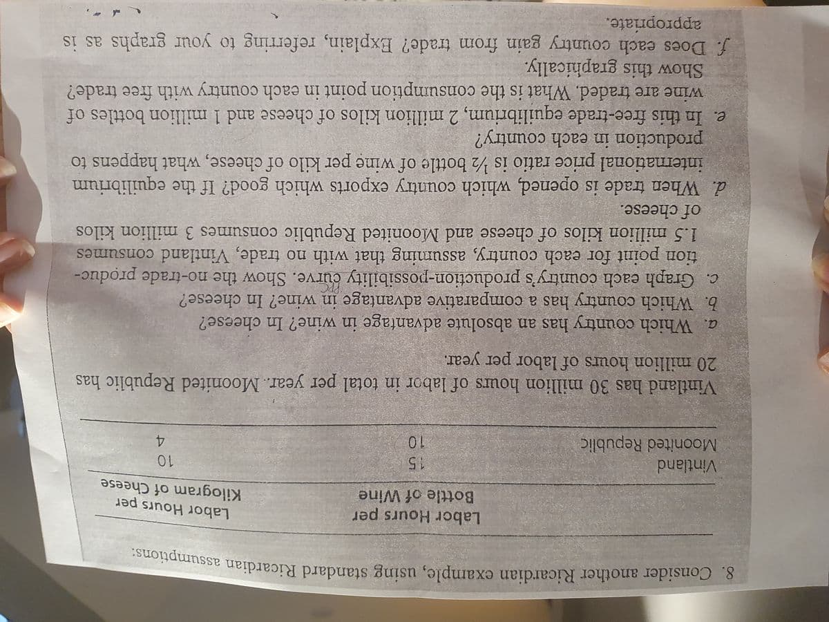 8. Consider another Ricardian example, using standard Ricardian assumptions:
Labor Hours per
Kilogram of Cheese
Labor Hours per
Bottle of Wine
Vintland
Moonited Republic
15
10
10
4
Vintland has 30 million hours of labor in total per year.. Moonited Republic has
20 million hours of labor per year.
a. Which country has an absolute advantage in wine? In cheese?
b. Which country has a comparative advantage in wine? In cheese?
PPC
c. Graph each country's production-possibility curve. Show the no-trade produc-
tion point for each country, assuming that with no trade, Vintland consumes
1.5 million kilos of cheese and Moonited Republic consumes 3 million kilos
of cheese.
d. When trade is opened, which country exports which good? If the equilibrium
international price ratio is 1/2 bottle of wine per kilo of cheese, what happens to
production in each country?
e. In this free-trade equilibrium, 2 million kilos of cheese and 1 million bottles of
wine are traded. What is the consumption point in each country with free trade?
Show this graphically.
f. Does each country gain from trade? Explain, referring to your graphs as is
appropriate.