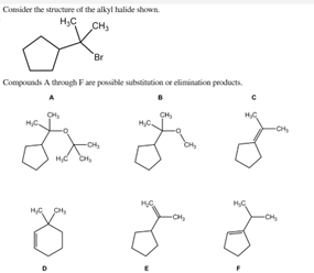 ### Understanding Alkyl Halides and Their Reaction Products

#### Structure Analysis

Consider the structure of the alkyl halide shown:

![Alkyl Halide](image)

The given alkyl halide has the following structure:
- A cyclopentane ring.
- A central carbon bonded to two different groups: -CH3 (methyl), -CH3 (methyl), and -Br (bromine).

#### Possible Reaction Products

The image displays compounds labeled A through F, which represent potential substitution or elimination products for the given alkyl halide.

##### Compounds A to F

1. **Compound A**:
   - Structure: A cyclopentane ring with a branching chain [1-Bromo-2-methylcyclopentane].
   - Substitution product due to the substitution of the bromine atom while retaining the cyclopentyl and methyl groups. 

2. **Compound B**:
   - Structure: A cyclopentane ring with double bond [Cyclopentene with an ethylmethyl substituent].
   - Likely an elimination product, as shown by the presence of a double bond in the ring. 

3. **Compound C**:
   - Structure: Another cyclopentane with a different chain attached [1-Bromo-1-ethylcyclopentane].
   - Represents an alternate substitution product.

4. **Compound D**:
   - Structure: A cyclopentane with a substitution group [2-ethyl-1-cyclopentanol].
   - This is another substitution product moving the methyl group position.

5. **Compound E**:
   - Structure: Like compound B, but the structure positions the group at a different carbon indicating an isomer [2-bromo-1-cyclopentanol].
   - This could be another substitution or elimination product.

6. **Compound F**:
   - Structure: A cyclopentane ring with varying position substituent [3-ethyl-1-bromocyclopentane].
   - Another substitution product showing different position attachment.

#### Explanation

The image showcases the structure of an alkyl halide along with various potential products formed via substitution or elimination reactions. These reactions involve the loss or replacement of the bromine atom and can either retain the single bond structure of the starting material (substitution) or convert it to involve double bonds through elimination. Each compound A through F represents a unique product structure resulting from these